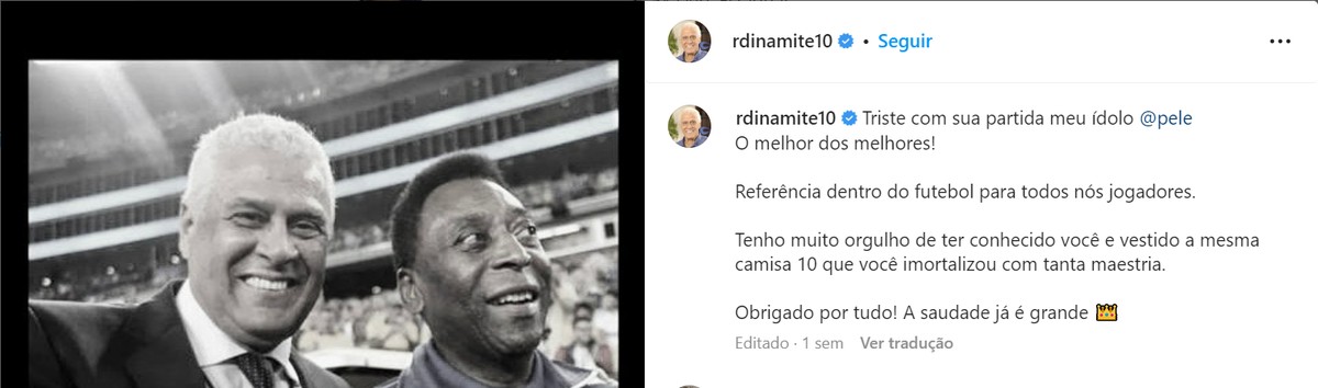 Roberto Dinamite se despediu de Pelé em sua última postagem nas redes sociais