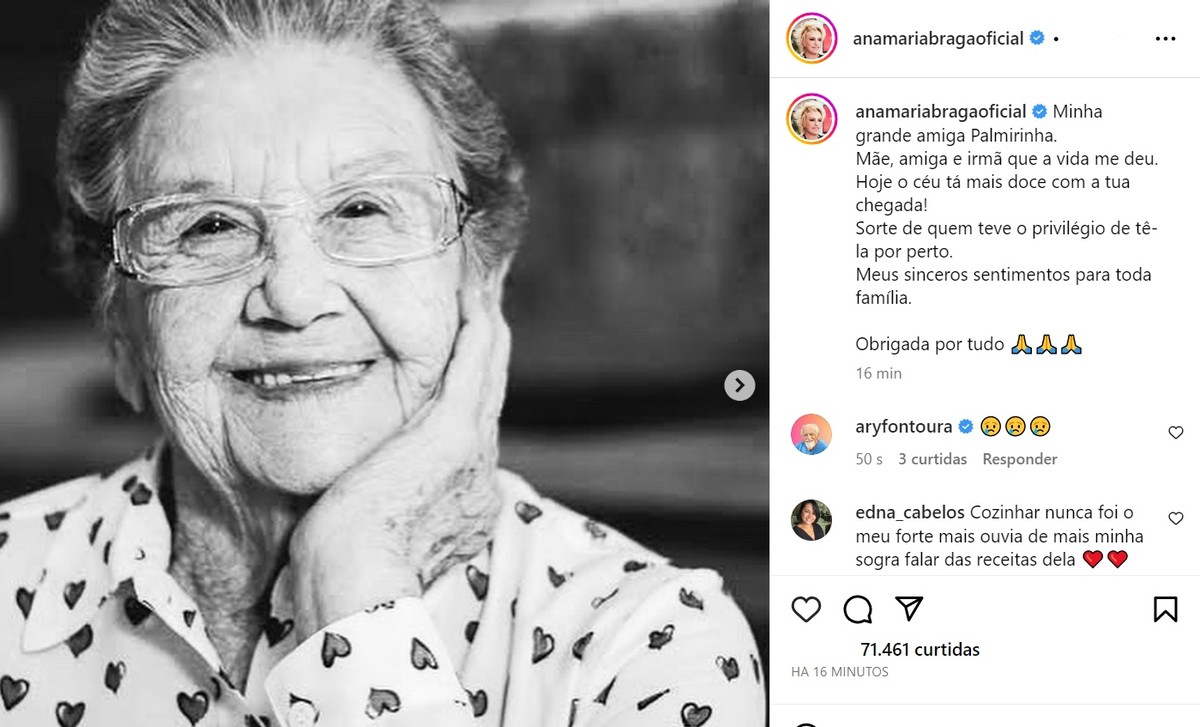 ‘Mãe, amiga e irmã que a vida me deu’; Ana Maria Braga lamenta morte de Palmirinha