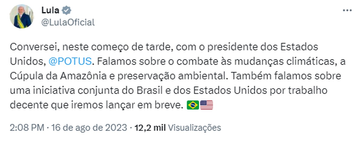 Lula e Biden conversam por telefone sobre preservação ambiental e iniciativa de ‘trabalho decente’