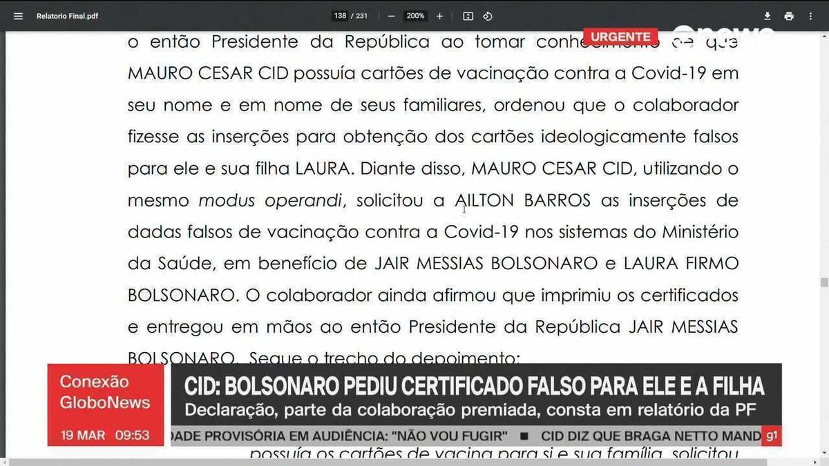 Bolsonaro deu a ordem para emitir certificados de vacinação para ele e filha, disse Cid em delação