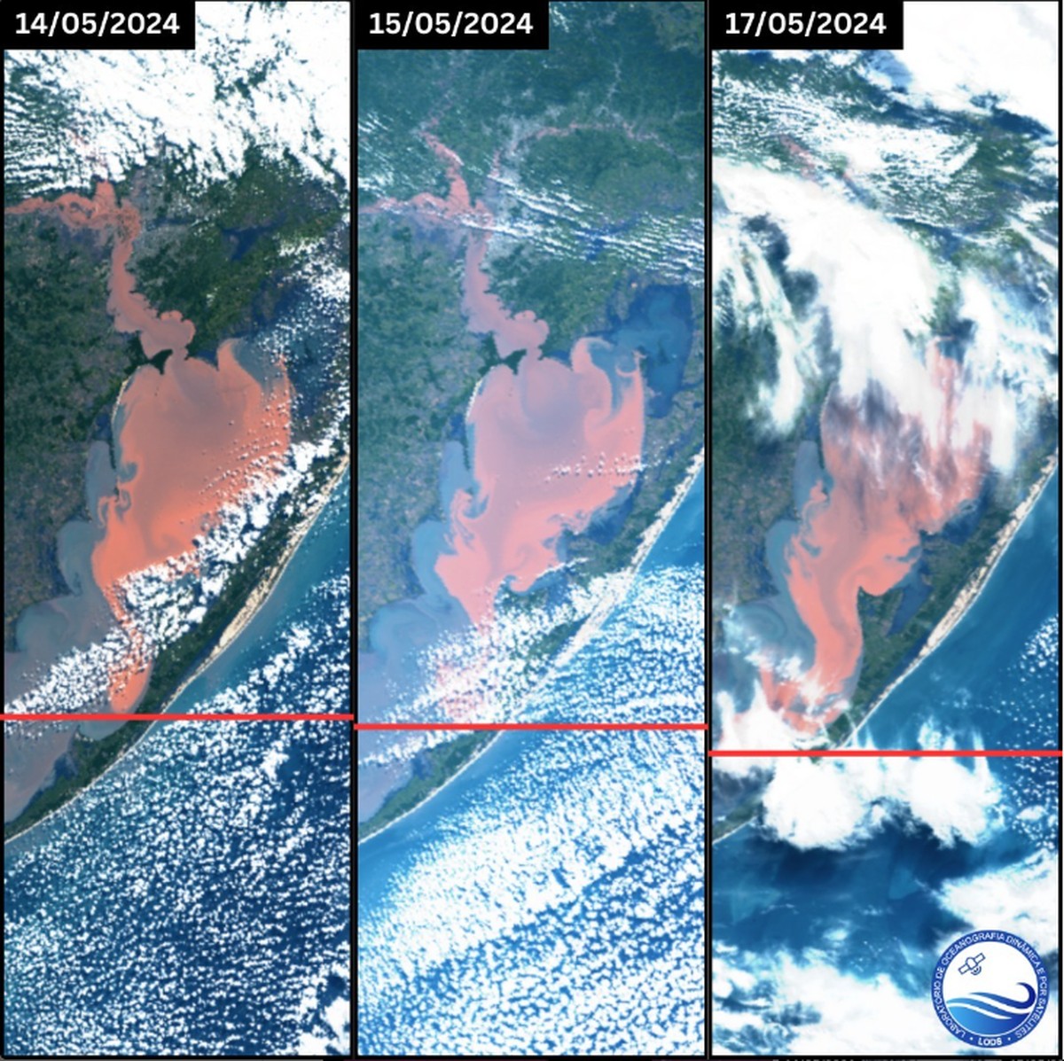 Imagens de satélite mostram avanço das águas do Guaíba sobre a Lagoa dos Patos e alta do nível preocupa