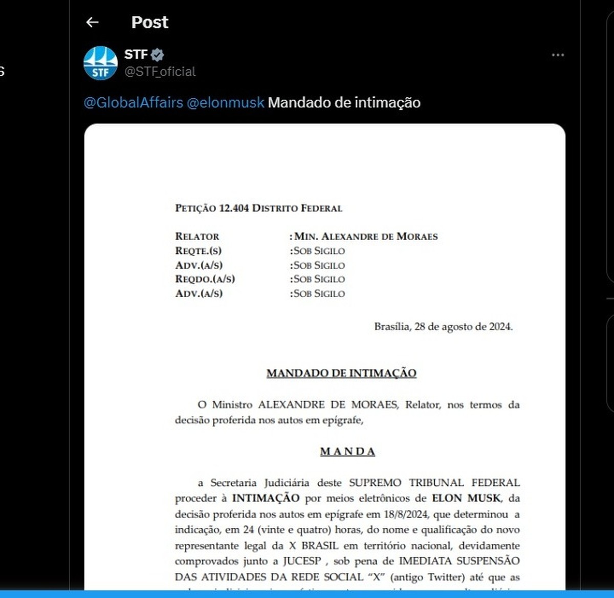 Moraes dá 24h para Musk indicar novo representante do X no Brasil, sob pena de suspensão da rede social