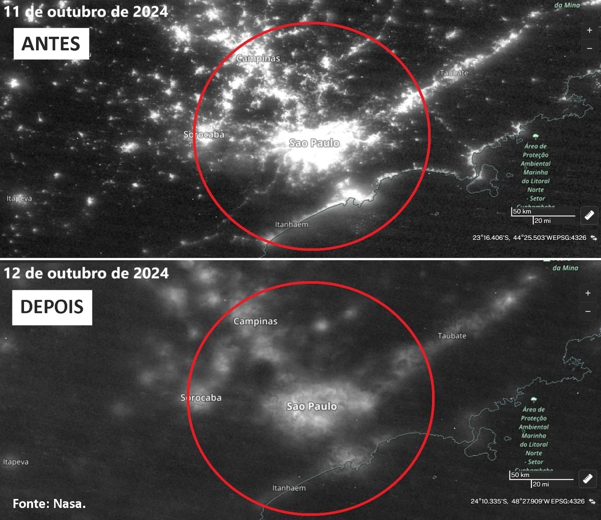 Imagens de satélite da Nasa mostram São Paulo antes e depois de apagão; veja