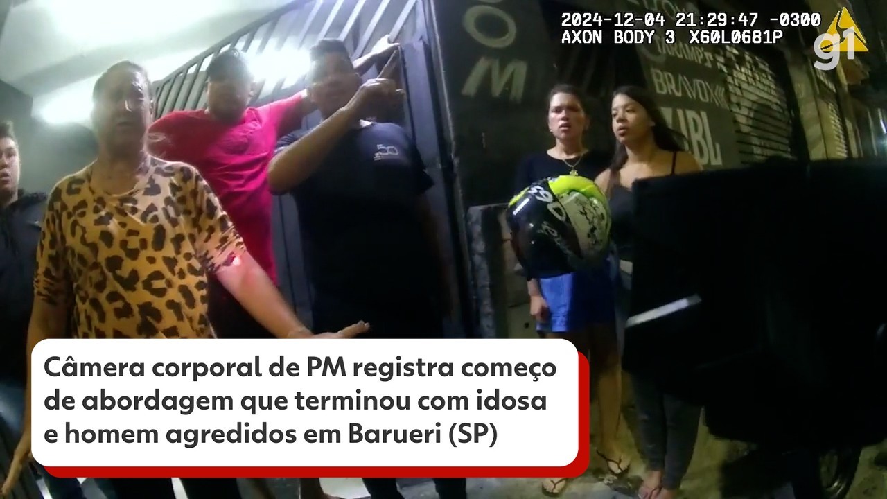 Câmera corporal de PM registra começo de abordagem que terminou com idosa e homem agredidos em Barueri